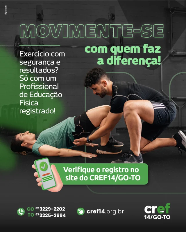 O exercício físico é essencial para a saúde e o bem-estar, mas para alcançar resultados com segurança, é fundamental contar com a orientação de um Profissional de Educação Física registrado no CREF14/GO-TO.  Seja nas academias, escolas, clubes ou na reabilitação, esses profissionais desempenham um papel indispensável na promoção da saúde, no desenvolvimento físico e motor e na prevenção de doenças. Além disso, garantem que cada atividade seja adequada às necessidades individuais, respeitando os limites e potencializando os benefícios do movimento.  Valorize e exija um profissional qualificado! Pratique exercícios com segurança, orientação e compromisso com a sua saúde.  🔹 CREF14/GO-TO: Pela valorização da Educação Física e da sua saúde!  📲 Verifique no site se o profissional é registrado junto ao Conselho. Link na bio!  #CREF14 #EducaçãoFísica #Movimente-se #SaúdeComQualidade #ProfissionalRegistrado