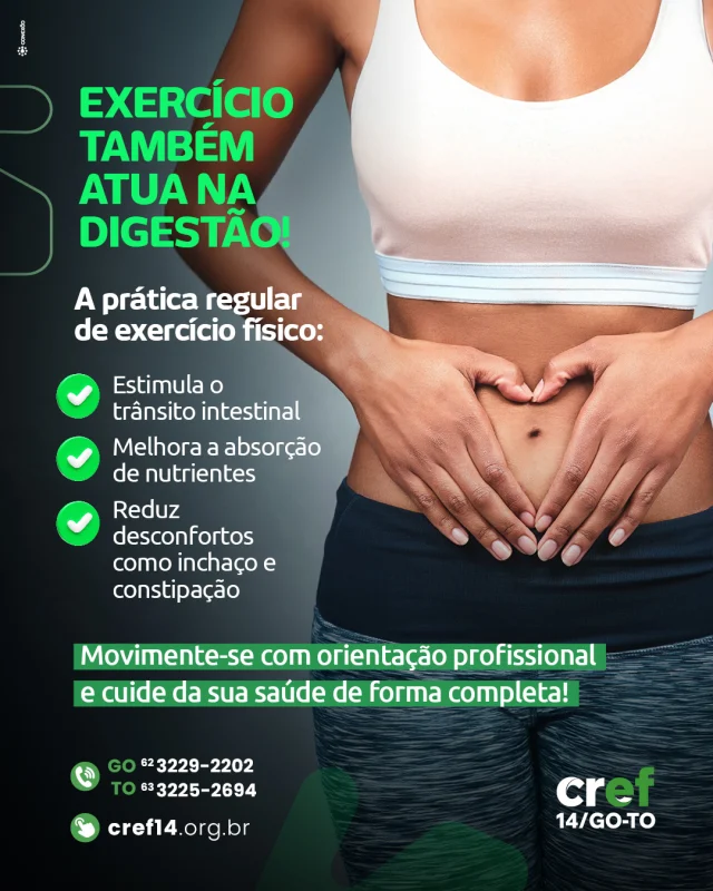Você sabia que a prática regular de exercícios físicos contribui significativamente para o bom funcionamento do sistema digestivo? 
.
Caminhadas, musculação, treinos de resistência e mobilidade estimulam o trânsito intestinal e reduzem inflamações, promovendo saúde de forma integrada. A atuação do Profissional de Educação Física, com base científica, é essencial para orientar práticas seguras e eficazes.  #CREF14 #SaúdeIntegral #EducaçãoFísicaÉCiência #ProfissionalHabilitado #MovimentoComPropósito