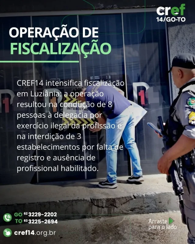 🚨 Fiscalização em Luziânia! 🚨
⠀
Durante operação realizada pelo CREF14 GO/TO:  👮 08 pessoas foram conduzidas à delegacia por exercício ilegal da profissão de Educação Física.
⠀
❌ Além disso, 3 estabelecimentos foram interditados por falta de registro como Pessoa Jurídica (PJ) e ausência de profissional habilitado.
⠀
⚠️ Atenção, gestores e responsáveis técnicos: para reabrir, é necessário obter autorização de funcionamento junto ao CREF14 GO/TO.
⠀
💪 A atuação do Conselho visa proteger a sociedade e valorizar o profissional habilitado.
📢 Denúncias podem ser feitas de forma anônima pelo nosso site!
⠀
#CREF14 #Fiscalização #EducaçãoFísicaLegal #ProfissionalHabilitado #Luziânia #ExercícioIlegal #ValorizeOEducadorFísico