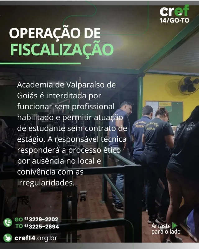 🚨 Fiscalização em Valparaíso de Goiás! 🚨  ❌👨‍🎓Uma academia foi interditada por funcionar sem profissional de Educação Física e por permitir que um estudante atuasse sem contrato de estágio e sem supervisão.  ⚠️ A responsável técnica será responsabilizada e responderá a processo ético por não estar presente no horário registrado e por ser conivente com as irregularidades.  👊 O CREF14 GO/TO segue firme na fiscalização para garantir segurança e respeito à profissão!  #CREF14GO/TO #Fiscalização #EducaçãoFísica #ProfissionalLegalizado #ValparaisoDeGoiás