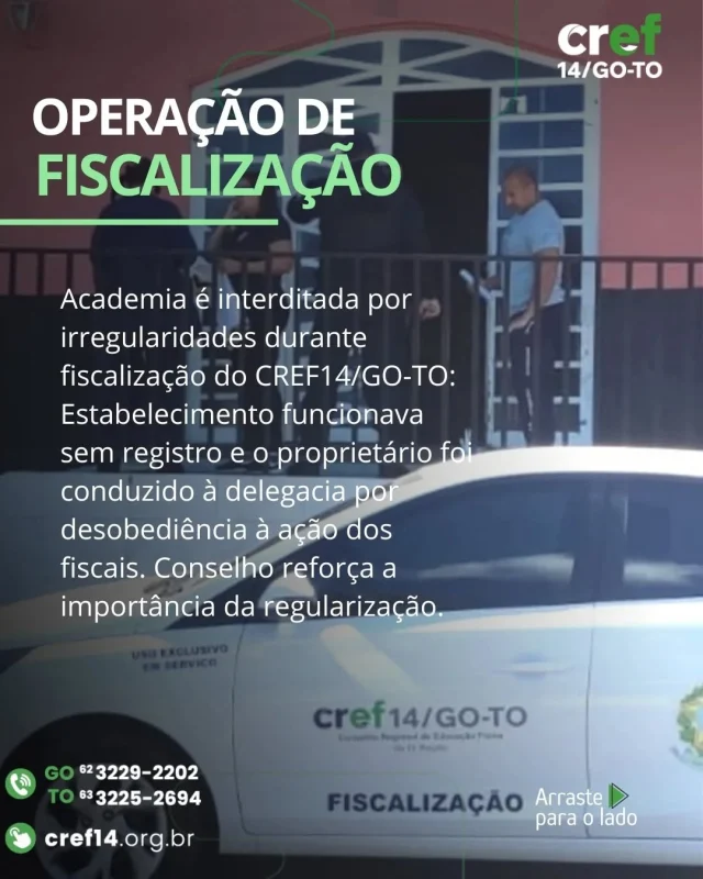 🚨 FISCALIZAÇÃO EM AÇÃO! 🚨  😤🏋️‍♂️O CREF14/GO-TO interditou uma academia que operava sem registro de pessoa jurídica, descumprindo as normas legais.  🚔⚖️Durante a ação, o proprietário resistiu à fiscalização e foi conduzido à delegacia por desobediência (art. 330 do Código Penal).  🔒 A interdição segue até que todas as exigências legais sejam cumpridas.  📣 Atenção, profissionais e proprietários de academias!
Regularize sua situação junto ao Conselho e evite transtornos. O funcionamento só é permitido com autorização do CREF14/GO-TO! ✅📄  #FiscalizaçãoCREF14 #CREF14GOTO #AcademiaRegularizada #ExercícioLegal #AtividadeFísicaComResponsabilidade